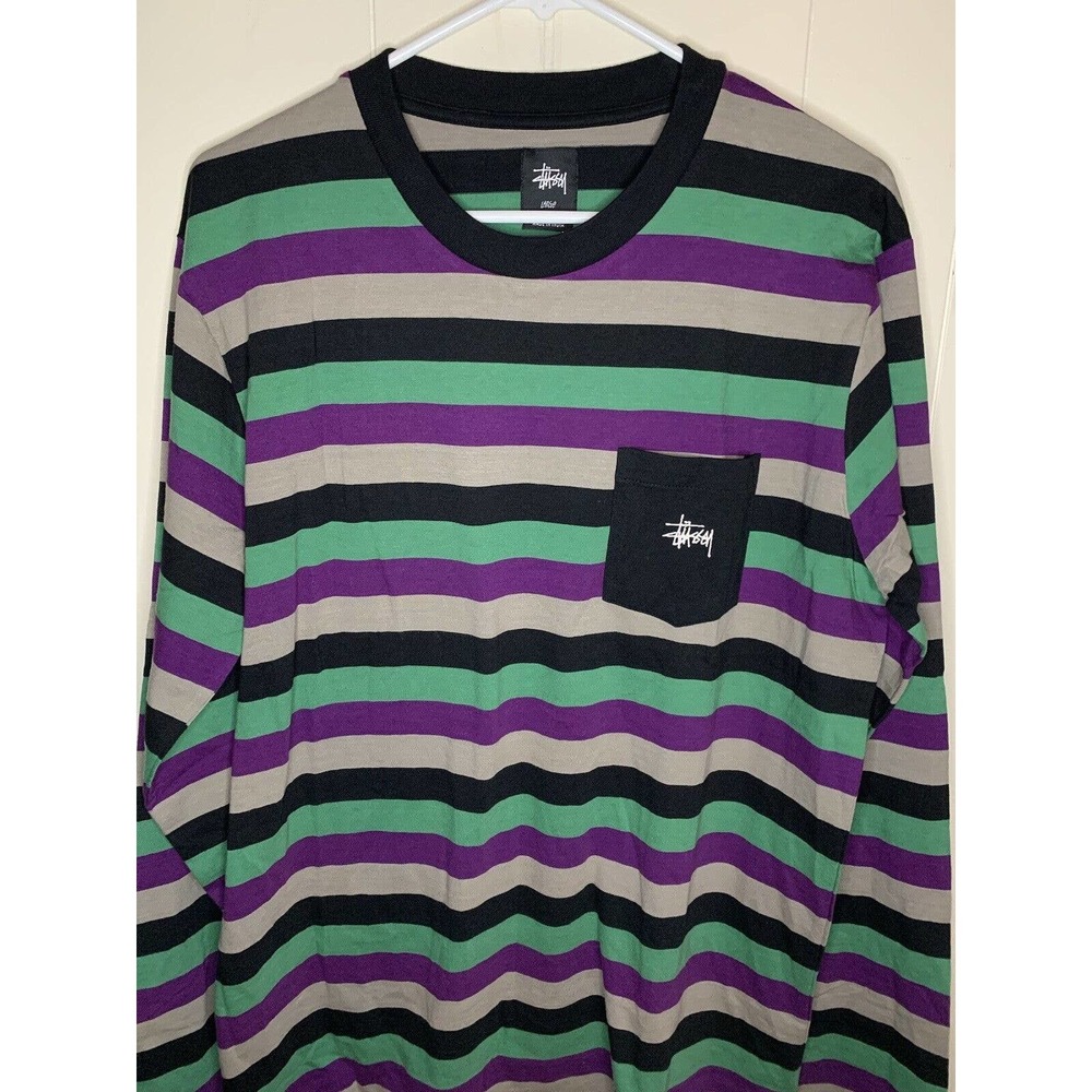 Stussy Long Sleeve Purple Green Striped Pocket T-Shirt Large EUC